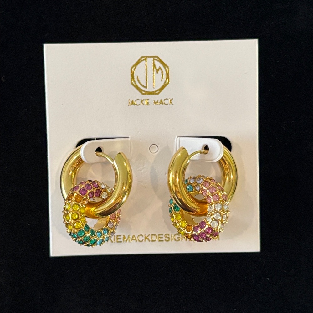 Jackie Mack Rainbow Crystal Gold Tone Double Hoop Earrings - Picture 4 of 5